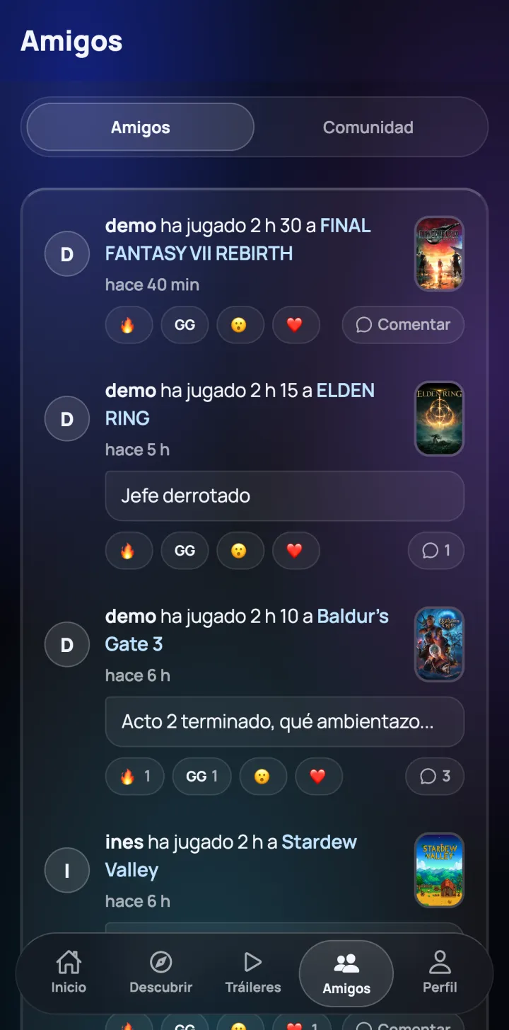 El feed de tus amigos con reacciones y comentarios