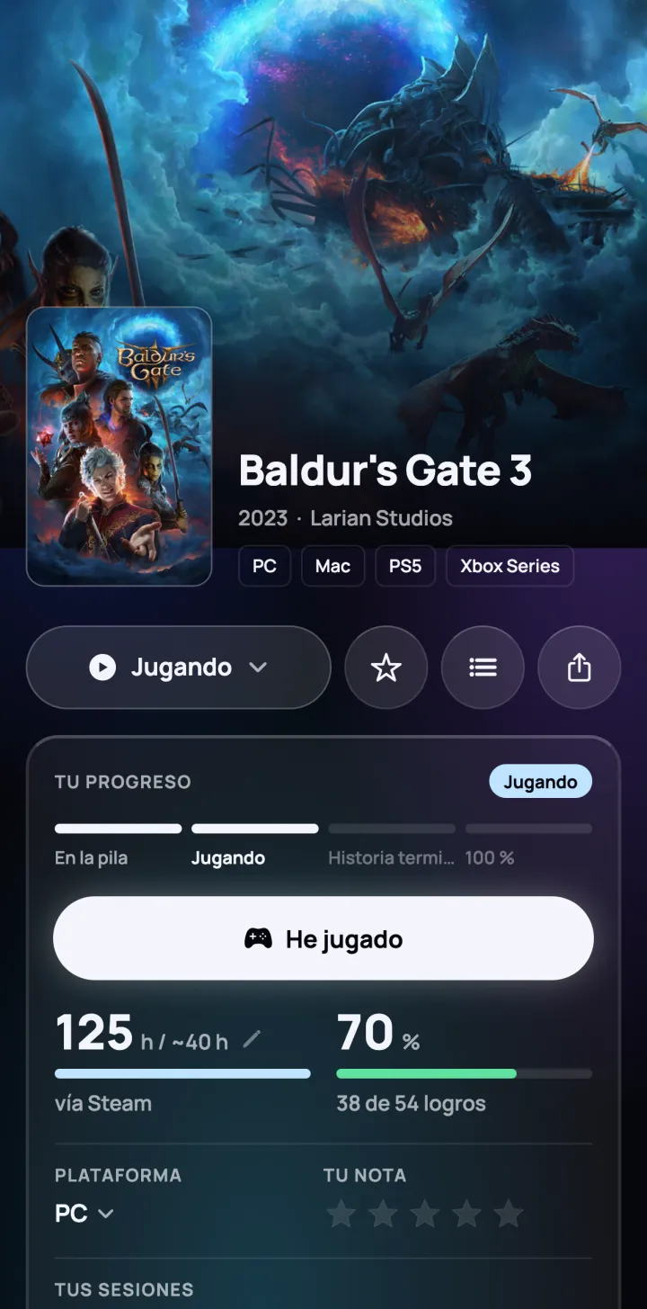 La ficha de un juego con tu progreso