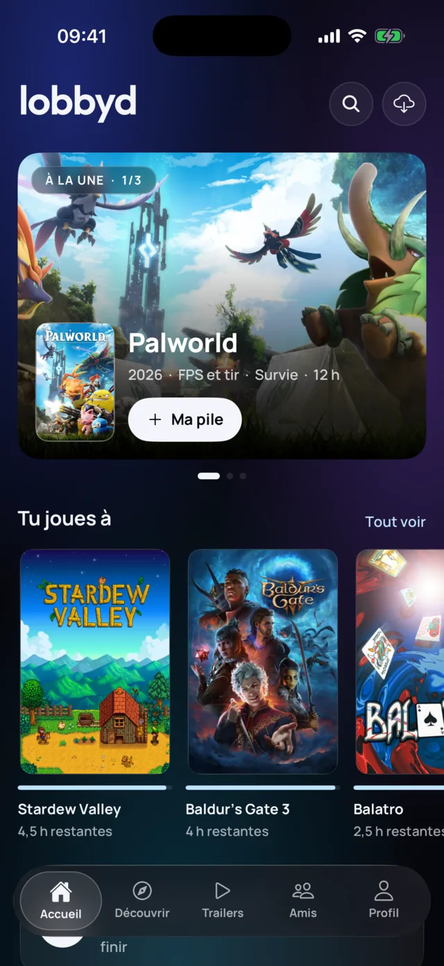 Lobbyd home: spotlight, games in progress and recommendations